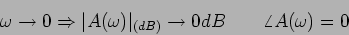 \begin{displaymath}\omega \to 0 \Rightarrow \vert A(\omega) \vert_{(dB)} \to 0 dB
\qquad \angle A(\omega) = 0\end{displaymath}