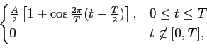 \begin{displaymath}\begin{cases}
{A\over 2}\left[ 1 + \cos {{2\pi}\over T}(t-{T\...
...2})\right], & 0 \le t \le T \\ 0 & t \not\in [0,T], \end{cases}\end{displaymath}